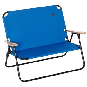 Folding Double Camping Chair Loveseat with Wood Armrest Cup Holder