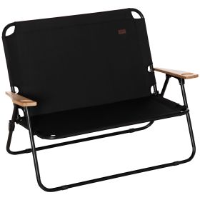 Folding Double-Camping Chair w/Cup Holder, Loveseat with Wood Armrest