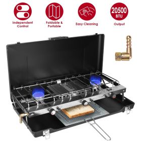 3 Burner Propane Camping Stove 20000 BTU With Toast Tray, WindShield, Portable Handle