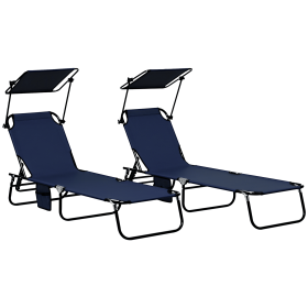Set of 2 - Folding Chaise Lounge Chairs with Canopy Shade, Reclining Back, Steel Frame and Side Pocket