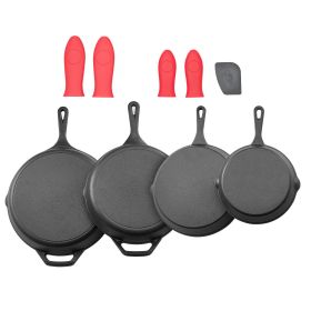 4-Piece Cast Iron Frying Pan Set (6, 8, 10, 12 in), with Heat-Resistant Silicone Handle