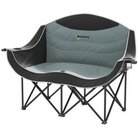 Padded Folding Double Camp Chair for Adults, with Armrests, Cup Holders, Carry Bag (Color: Black)
