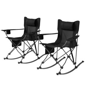 Portable Outdoor Folding Rocking Camping Chairs with Headrest, Cooler Bag, Cup Holder, Carry Bag, 2 Pack, Black (Color: Black)
