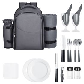 Picnic Backpack Bag for 2 Person with Insulated Cooler Compartment, Detachable Bottle/Wine Holder, Lightweight Blanket (Number of Layers: Single Layer, Color: Gray)