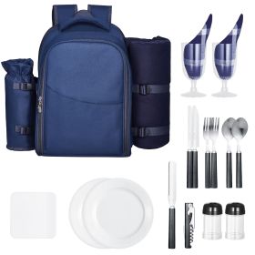 Picnic Backpack Bag for 2 Person with Insulated Cooler Compartment, Detachable Bottle/Wine Holder, Lightweight Blanket (Number of Layers: Single Layer, Color: Blue)