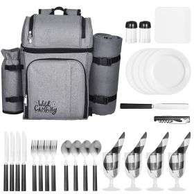 Picnic Backpack with Insulated Cooler Compartment, Detachable Bottle/Wine Holder, Lightweight Blanket (Number of Layers: Double-deck, Color: Gray)