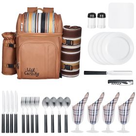 Picnic Backpack with Insulated Cooler Compartment, Detachable Bottle/Wine Holder, Lightweight Blanket (Number of Layers: Double-deck, Color: brown)
