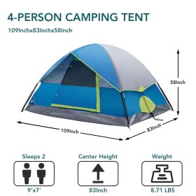 Easy Setup 2-4 Person Lightweight Dome Tent with Fly, Mesh Windows & Skylights (Color: blue/four people)