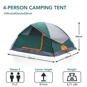 Easy Setup 2-4 Person Lightweight Dome Tent with Fly, Mesh Windows & Skylights (Color: green/four people)
