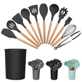 11Pcs Silicone Cooking Utensil Set Heat Resist Wooden Handle (Color: Black)