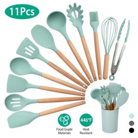 11Pcs Silicone Cooking Utensil Set Heat Resist Wooden Handle (Color: Light Green)