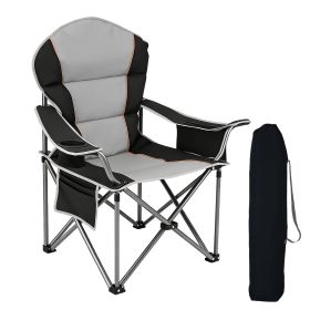 Oversized Heavy Duty Padded Camping Chair with Cup Holder Storage and Cooler Bag (Color: Black grey)