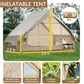 Easy Setup Inflatable 4 Season Waterproof Tent With Pump, For 4-6 People (Color: Khaki)