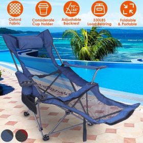 Foldable Camping Chair 330LBS Load Heavy Duty with Reclining Backrest and Pillow (Color: Blue)