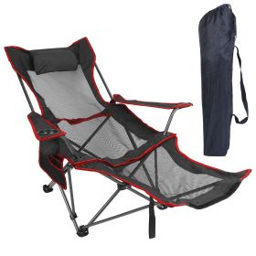 Foldable Camping Chair 330LBS Load Heavy Duty with Reclining Backrest and Pillow (Color: Black)