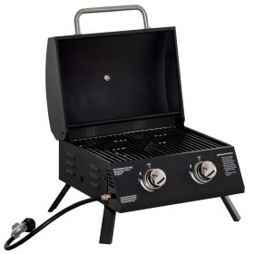 Outsunny 2 Burner Propane Gas Grill Outdoor Portable Tabletop BBQ with Foldable Legs, Lid, Thermometer for Camping, Picnic, Backyard, Black (Color: AS PIC)