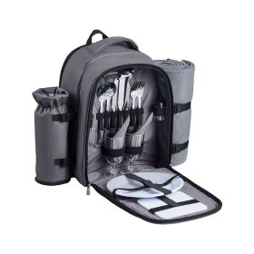 Outdoor Camping Picnic Backpack Bag with Tableware for 2 People (Color: Gray, Type: Picnic Backpacks)