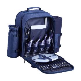 Outdoor Camping Picnic Backpack Bag with Tableware for 4 People (Color: Blue, Type: Picnic Backpacks)