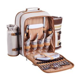 Outdoor Camping Picnic Backpack Bag with Tableware for 4 People (Color: Beige, Type: Picnic Backpacks)