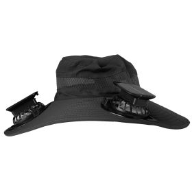Outdoor Wide Brim Sun Hat With 2 Rechargeable Fans Solar Powered 3 Wind Speeds UPF50+ Breathable Waterproof Nylon Mesh (Color: Black, size: One size)